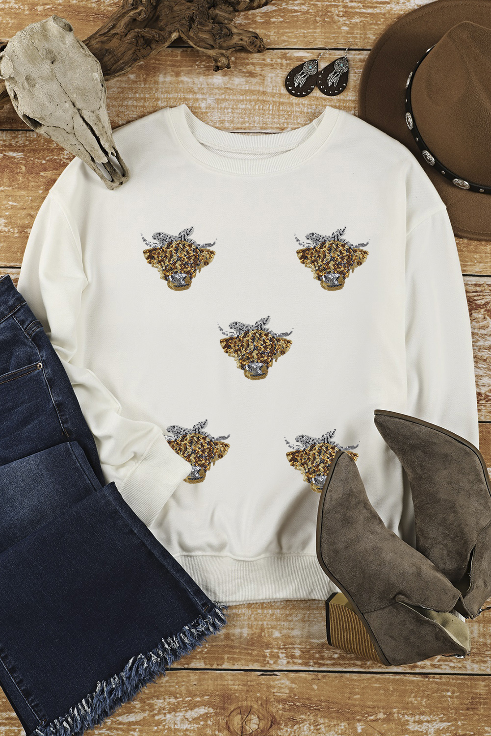White Sequin Heifer Patched Drop Shoulder Sweatshirt - loveforevers
