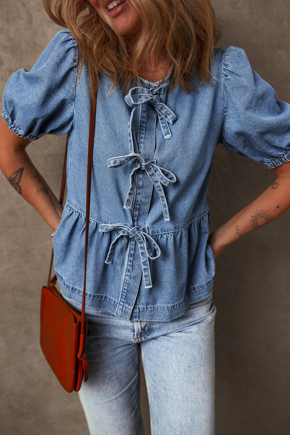 Dusk Blue Tied Front Bubble Sleeve Peplum Denim Shirt - loveforevers