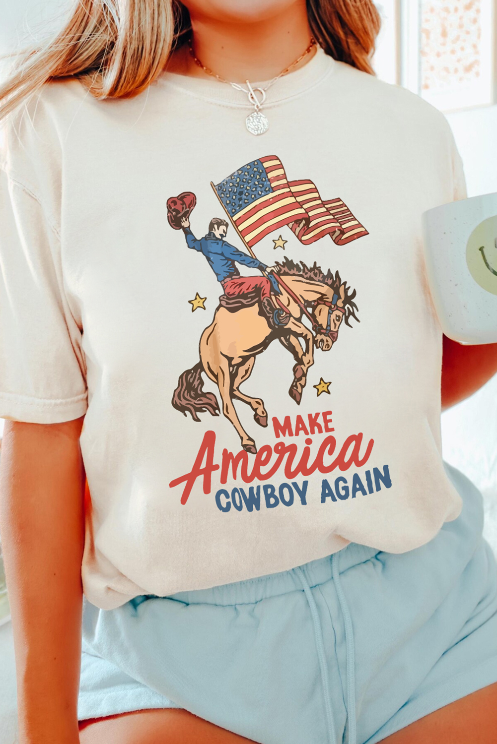 White MAKE AMERICA COWBOY AGAIN Graphic Crewneck Tee - loveforevers