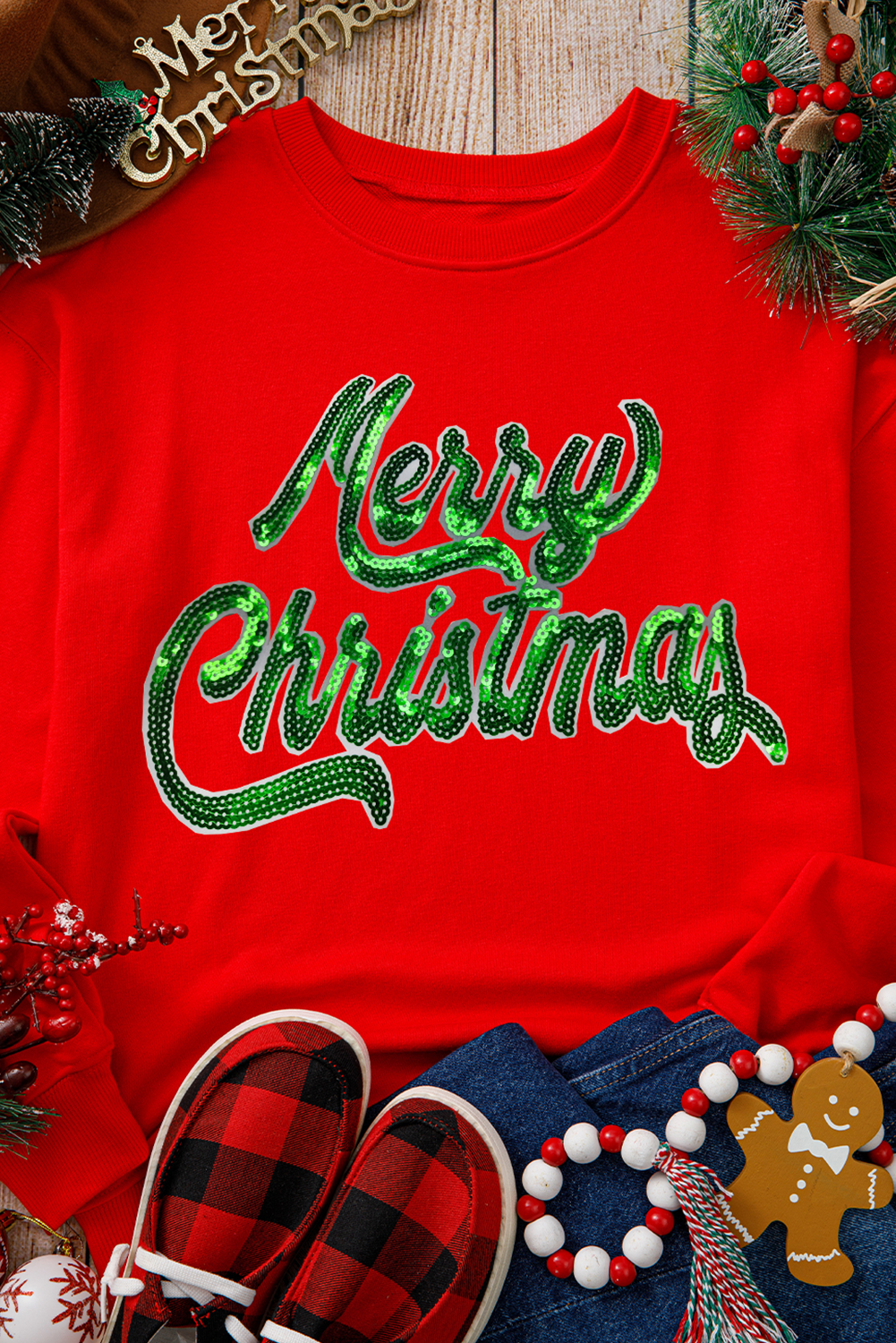 Red Merry Christmas Crewneck Drop Shoulder Loose Sweatshirt - loveforevers
