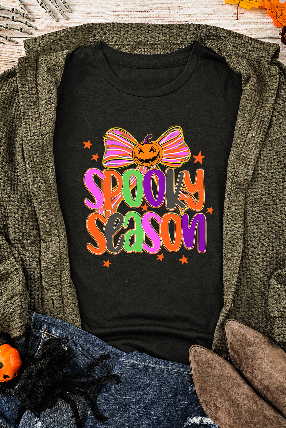 Black SPOOKY SEASON Halloween Pumpkin Bow Print T Shirt - loveforevers