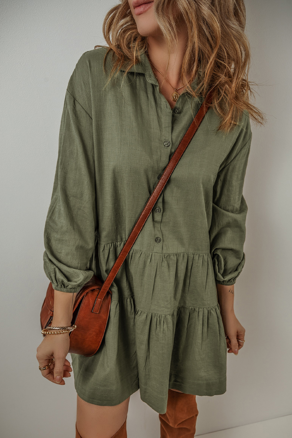 Jungle Green Puff Sleeve Buttoned Tiered Pleated Shirt Mini Dress - loveforevers