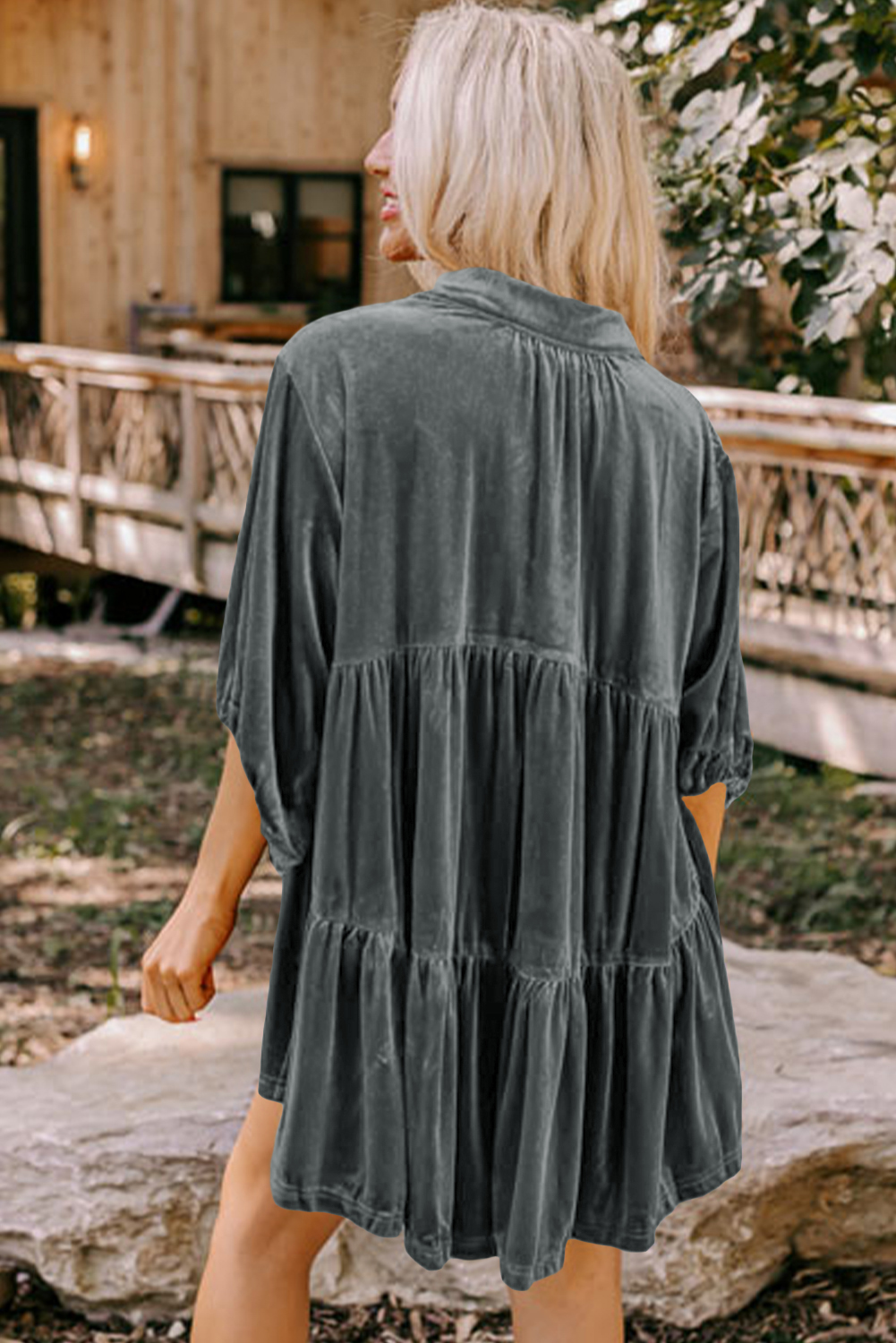 Burgundy 3/4 Sleeve Tunic Babydoll Velvet Shirt - loveforevers