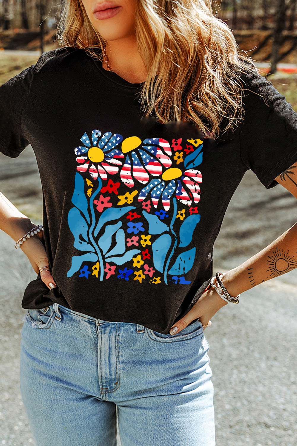 Black USA Flag Flower Graphic Drop Shoulder T Shirt - loveforevers