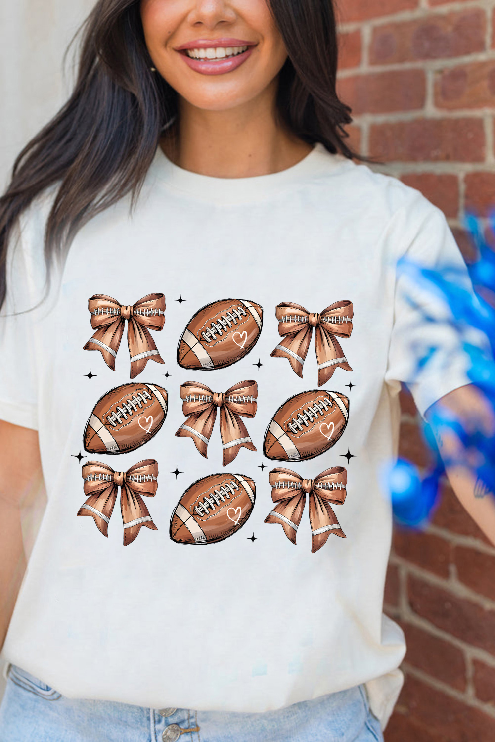 White Football Fashion Bow Print Cotton Blend T Shirt - loveforevers