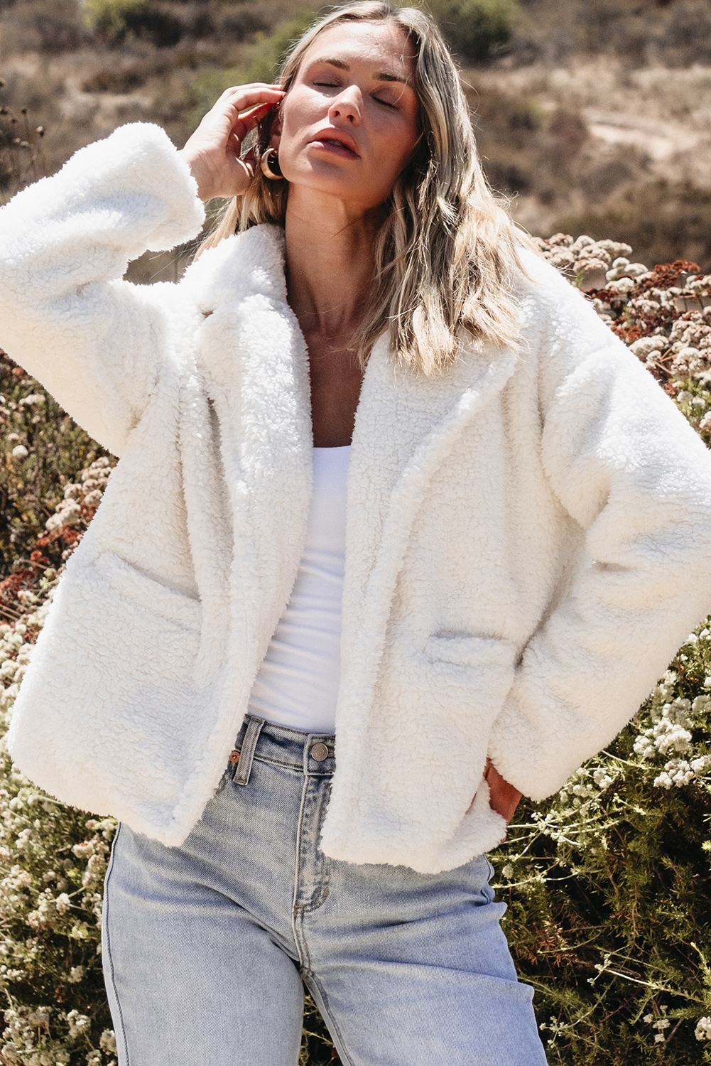Beige Faux Fur Button Pocketed Lapel Collar Jacket - loveforevers