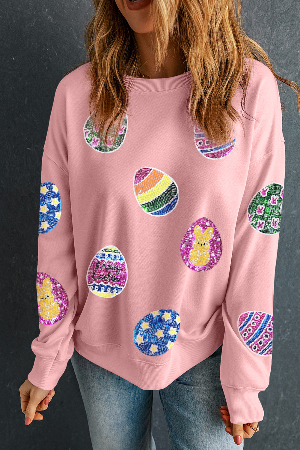 Pink Sequined Easter Egg Patched Pullover Sweatshirt - loveforevers