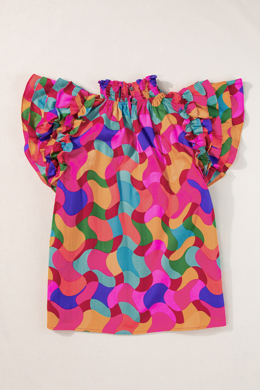 Rose Red Dramatic Ruffle Sleeve Smock Neck Wavy Print Top - loveforevers