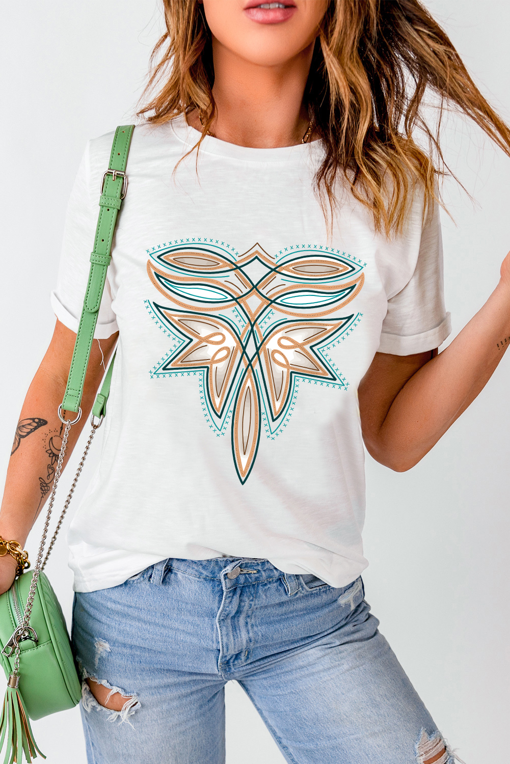 White Western Stitch Pattern Printed Cotton Blend Tee - loveforevers