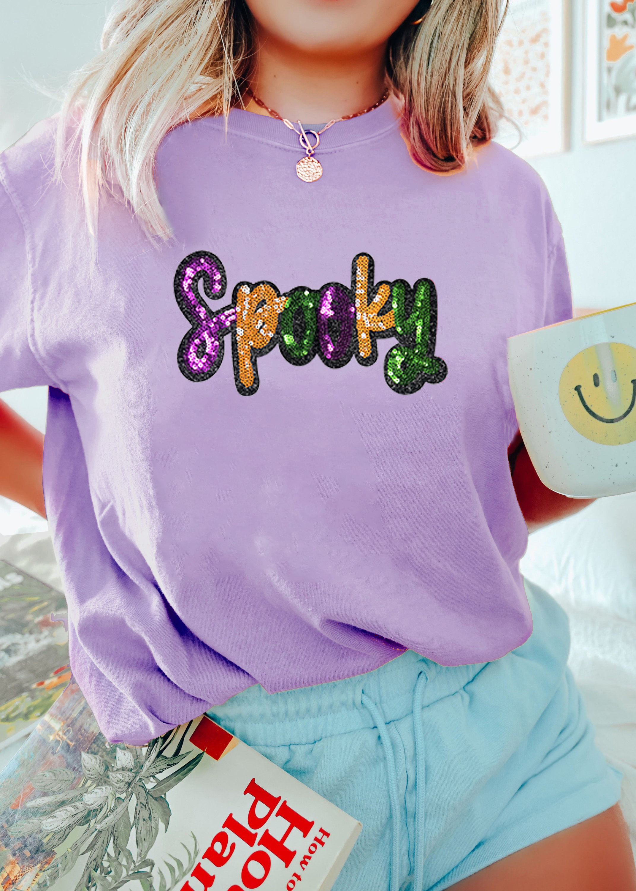 Wisteria Spooky Sequin Letter Patched Cotton Blend T Shirt - loveforevers