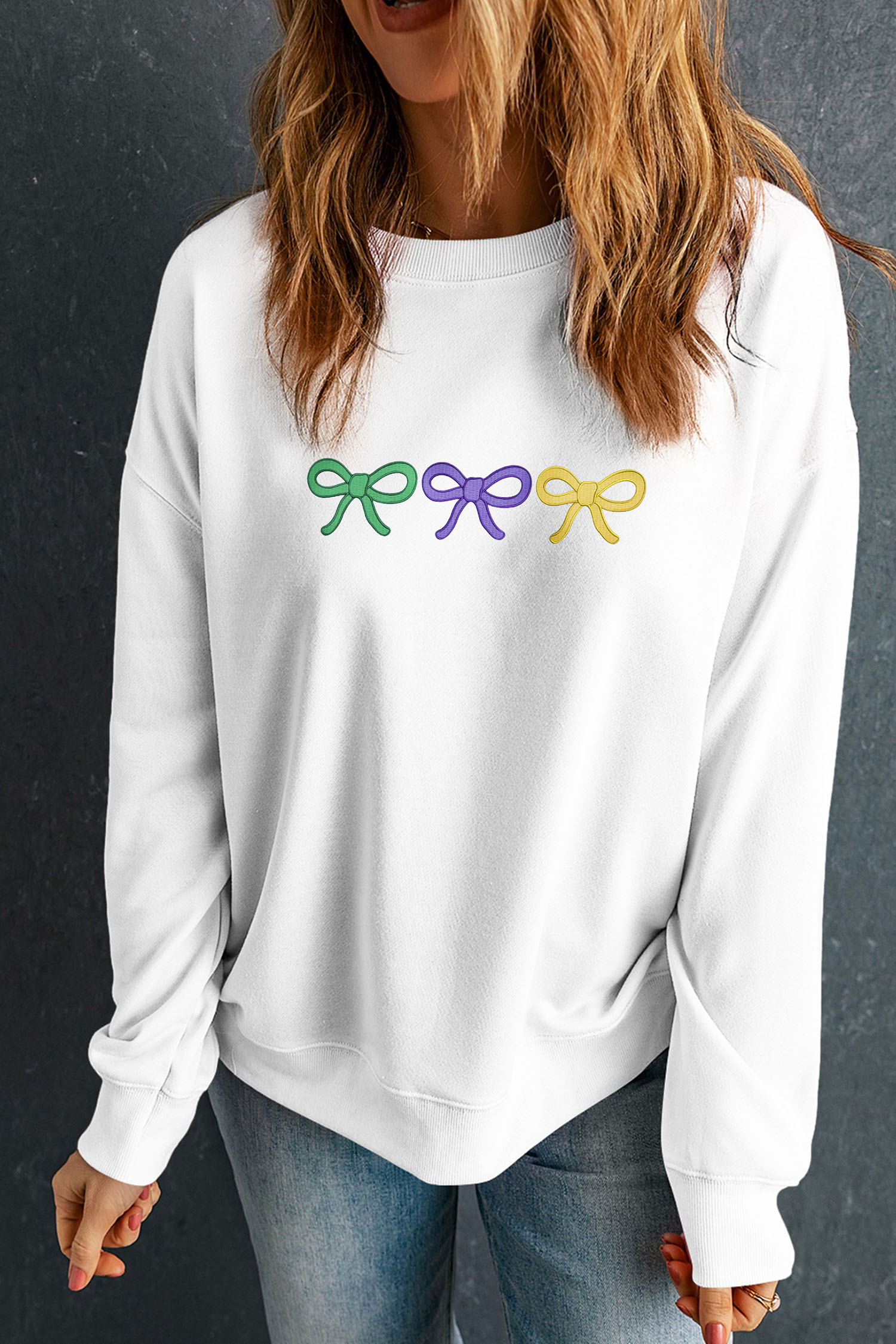 White Mardi Gras Embroidered Bow Pullover Sweatshirt - loveforevers