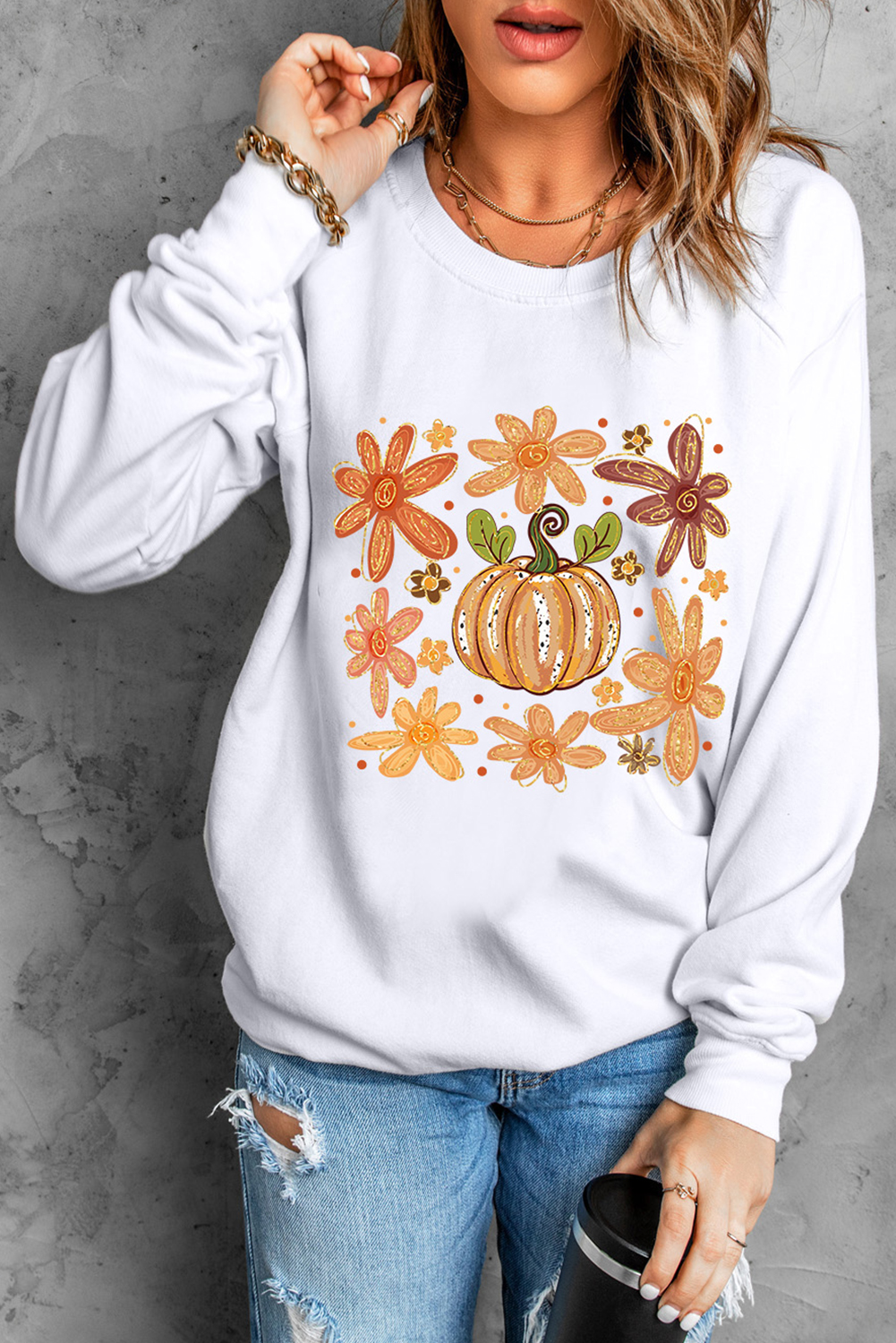 White Flower Pumpkin Printed Cotton Blend Sweatshirt - loveforevers