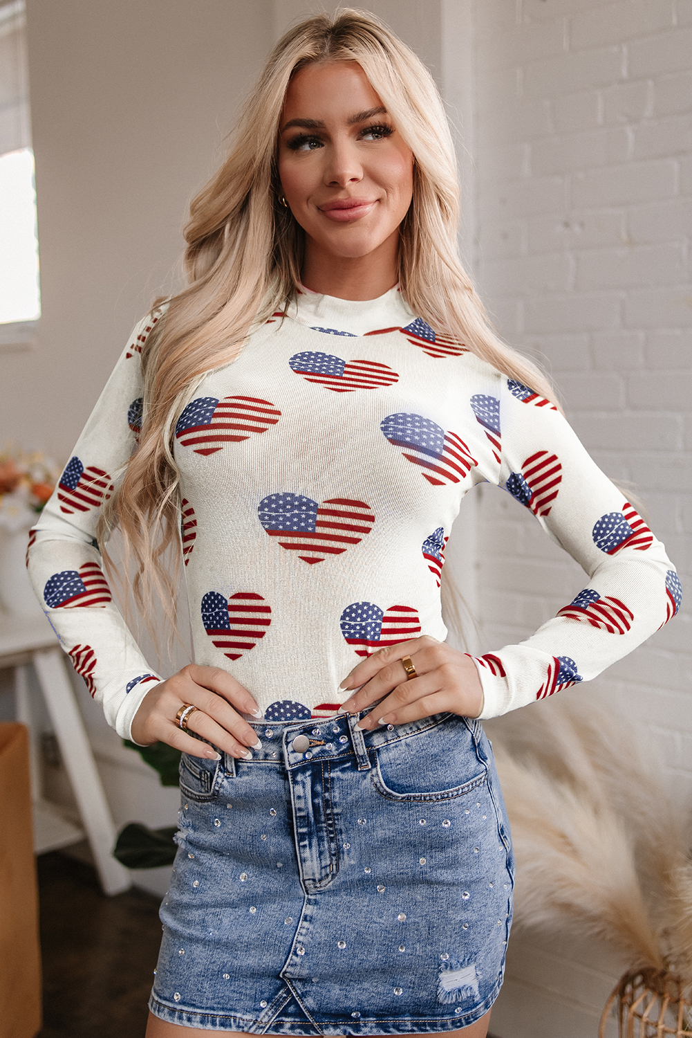 White Americana Glitter Mesh Long Sleeve Bodysuit - loveforevers