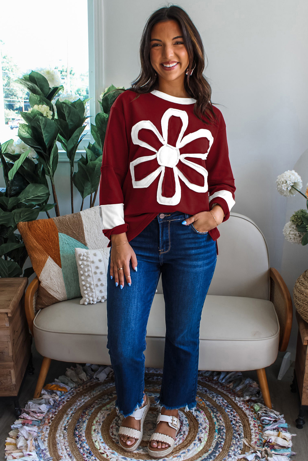Red Dahlia Cheerful Daisy Flower Patched Round Neck Long Sleeve Top - loveforevers