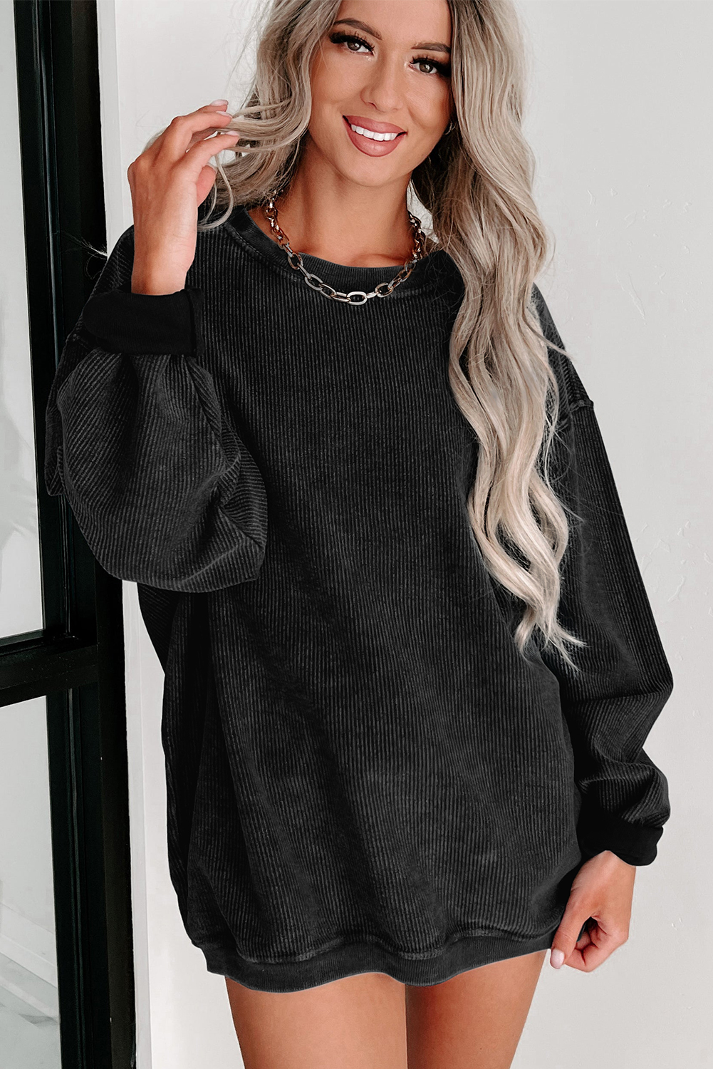 Pink Solid Ribbed Knit Round Neck Pullover Sweatshirt - loveforevers