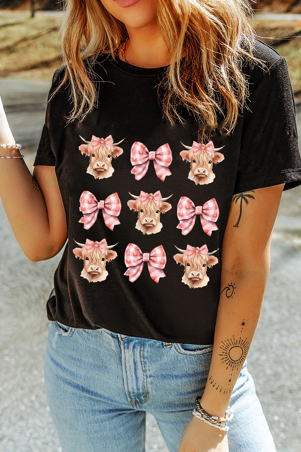Black Cow with Bow Graphic Crewneck Western Tee - loveforevers