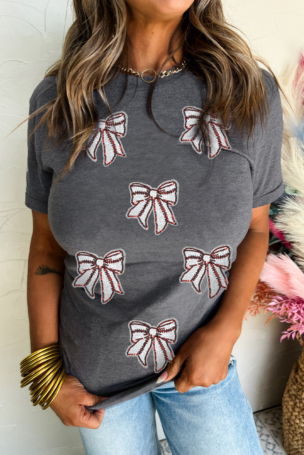 Gray Sequin Bow Baseball Fashion Graphic Tee - loveforevers