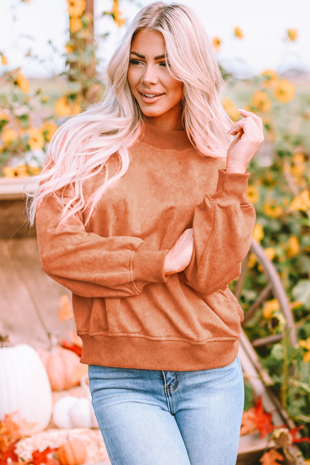 Brown Drop Shoulder Crew Neck Pullover Sweatshirt - loveforevers