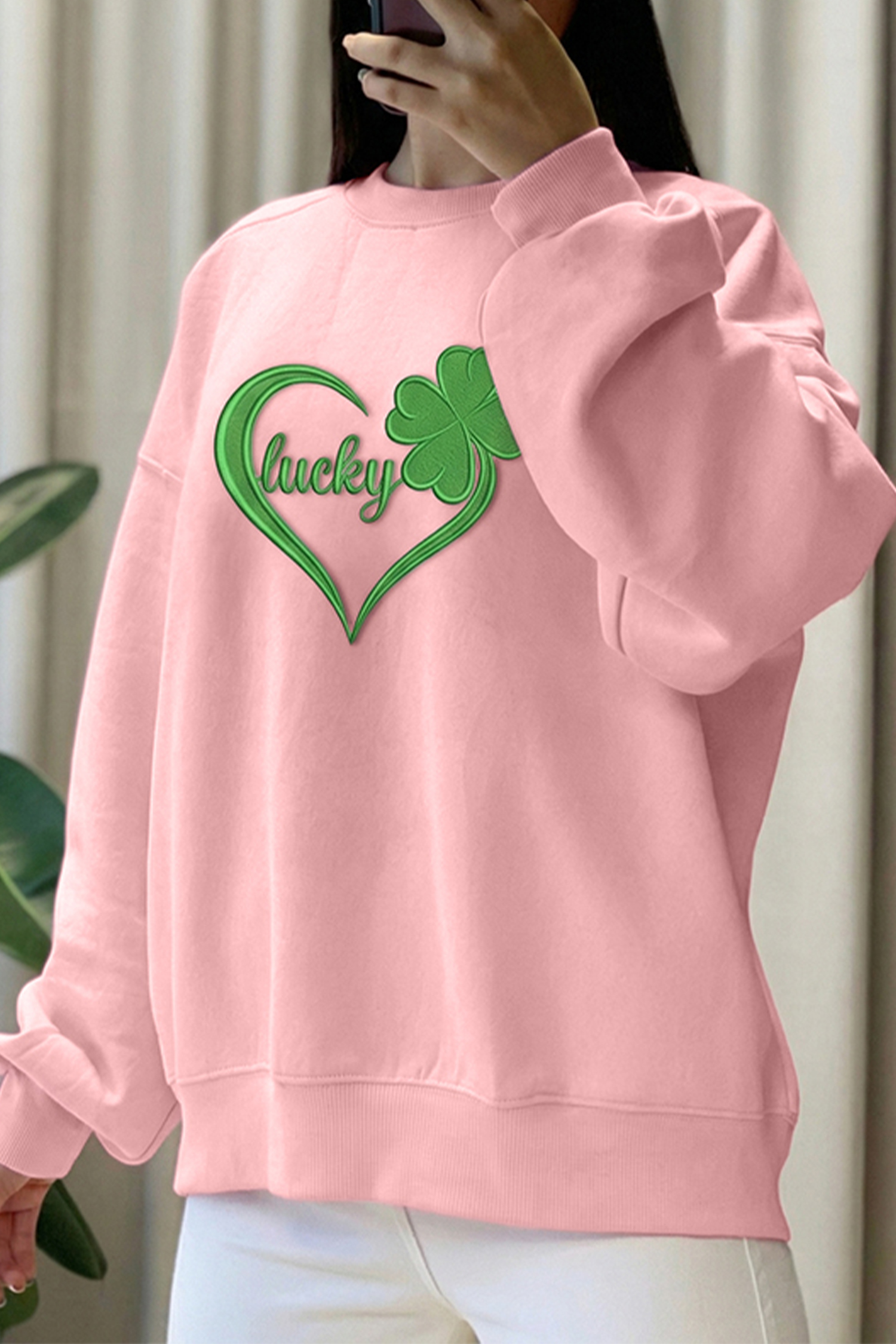 Pink Lucky Clover Heart Puff Embroidered Graphic Sweatshirt - loveforevers