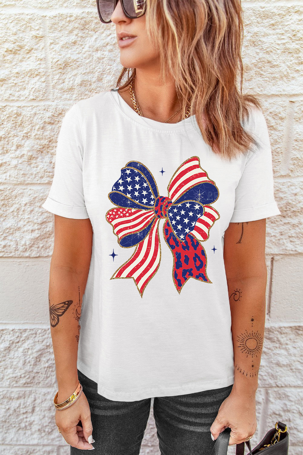 White Stars and Stripes Bow Print 4th of July T Shirt - loveforevers
