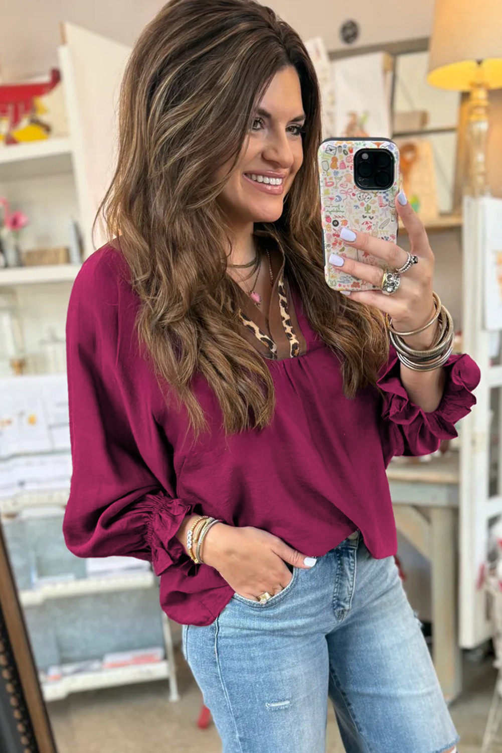Dirty blue Leopard Trim V Neck Flounced Bracelet Sleeve Blouse - loveforevers