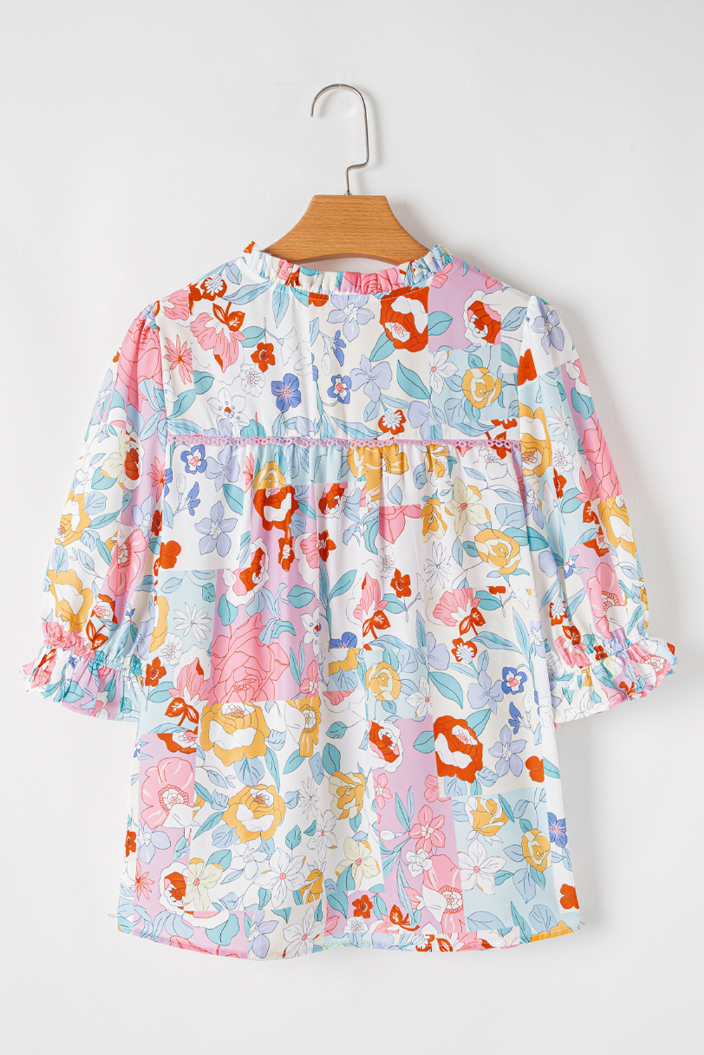 Pink Boho Flower Print Half Puff Sleeve Blouse - loveforevers