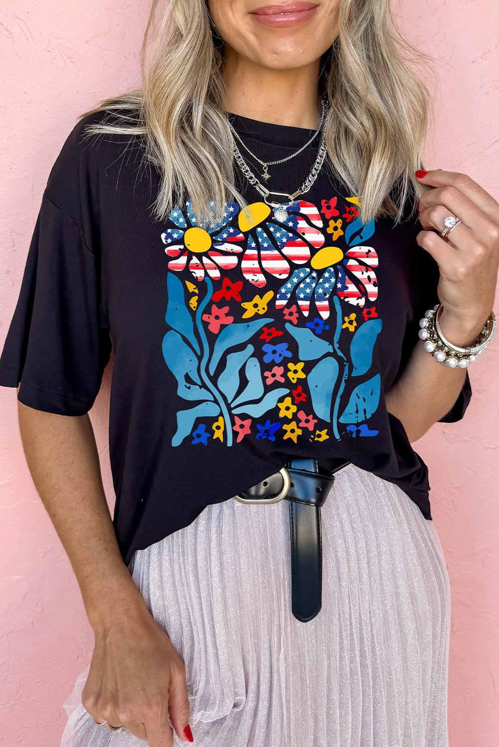 Black USA Flag Flower Graphic Drop Shoulder T Shirt - loveforevers