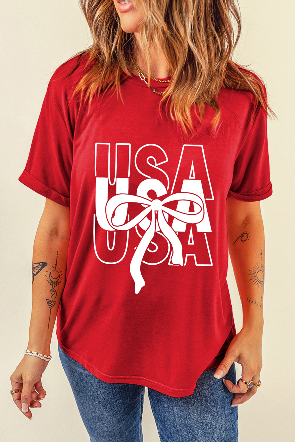 Red USA Bow Printed Casual Cotton Blend T Shirt - loveforevers