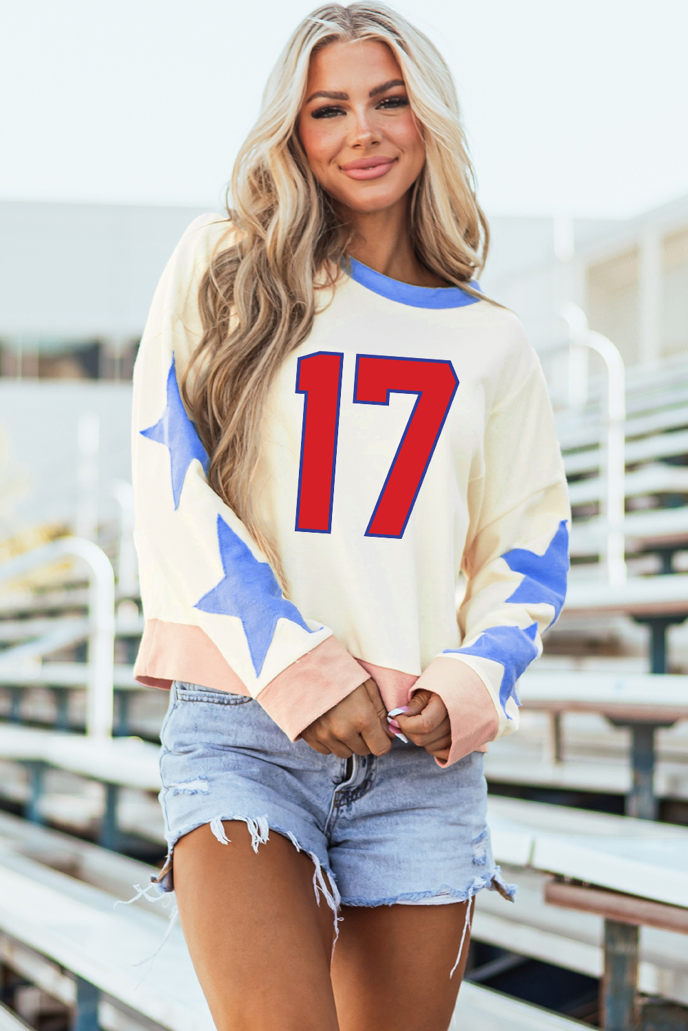 Beige Number 17 Printed Stars Patched Sleeve Cropped Sweatshirt - loveforevers