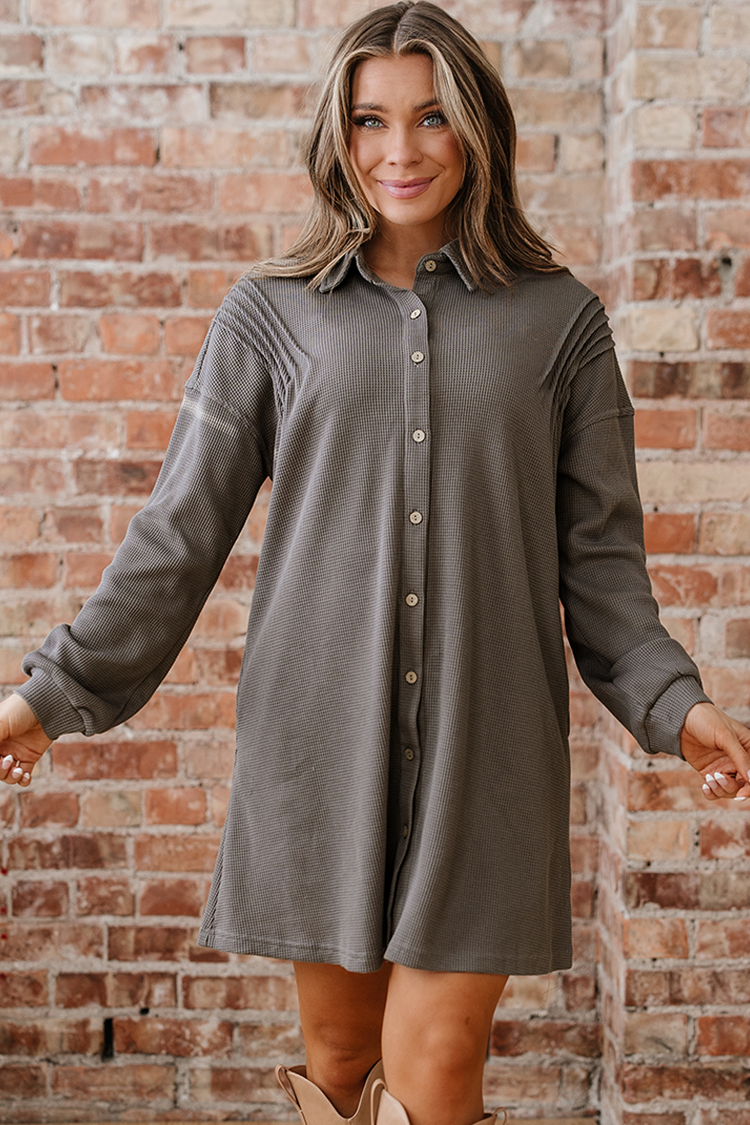 Simply Taupe Waffle Knit Shirt Tunic Dress - loveforevers