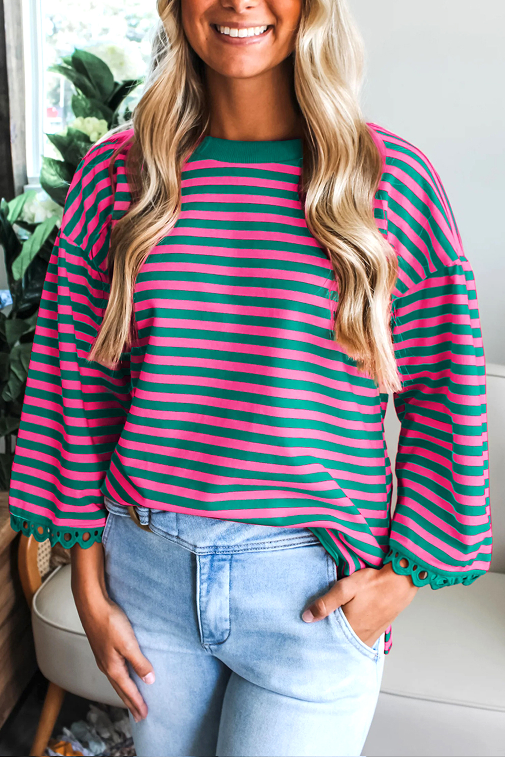 Racing Red Striped Print Drop Shoulder Lace Trim Bracelet Sleeve Loose Top - loveforevers