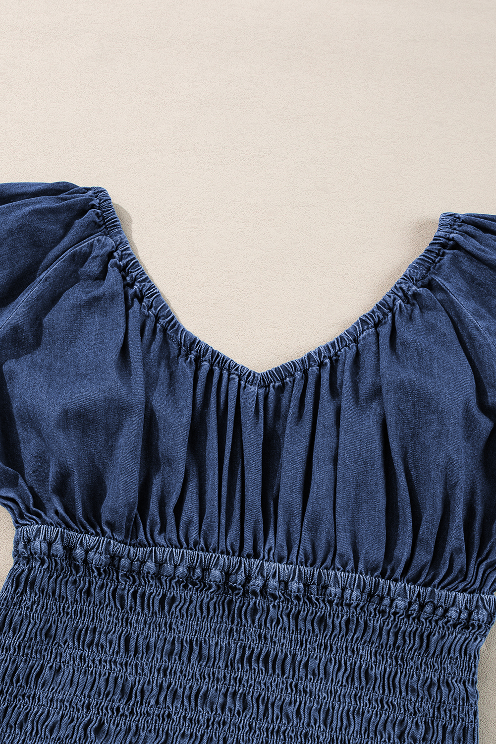 Dark Blue Smocked Ruffled Puff Sleeve V Neck Denim Blouse - loveforevers