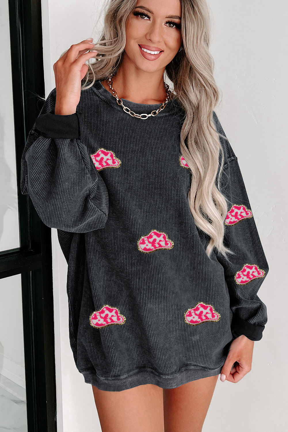 Pink Solid Ribbed Knit Round Neck Pullover Sweatshirt - loveforevers