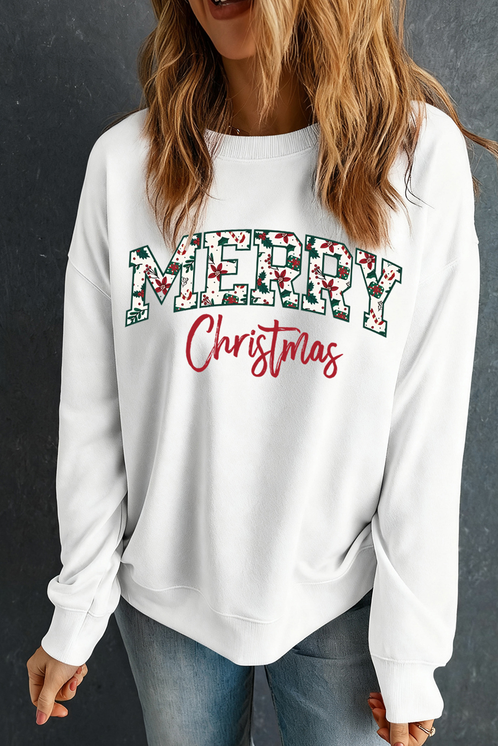 White Merry Christmas Cotton Blend Custom Graphic Sweatshirt - loveforevers