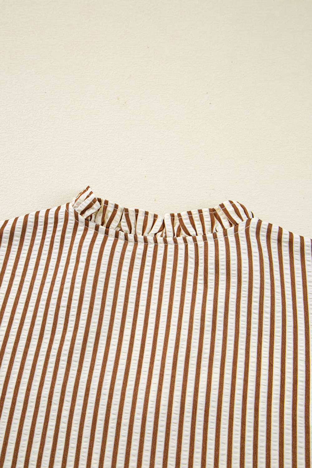 Straw Yellow Striped Print Tied Cuffs Split Neck Seersucker Blouse - loveforevers