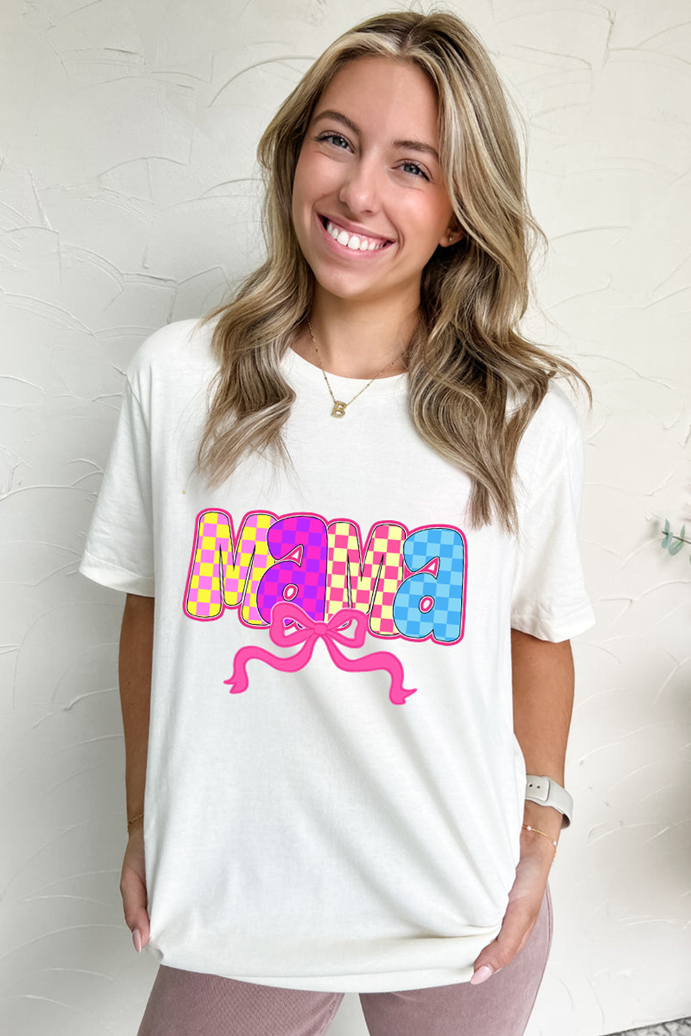 White MAMA Checkered Bow Knot Print Crewneck T Shirt - loveforevers