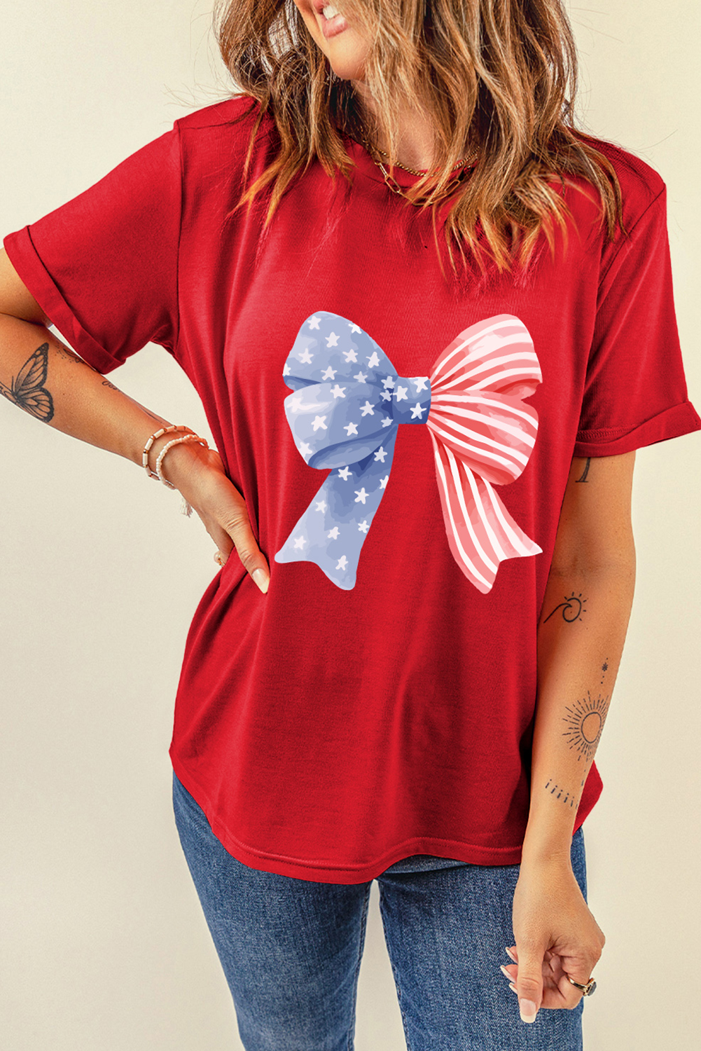 Red Stars and Stripes Bow Print Independence Day T Shirt - loveforevers