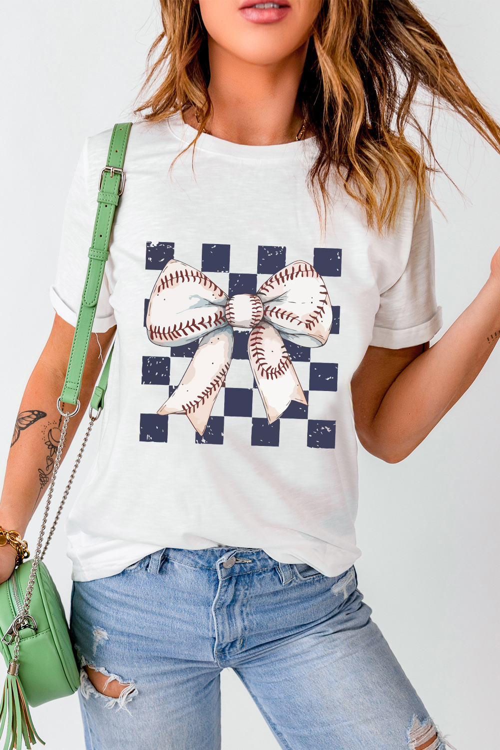 White Checkered Rugby Bowknot Graphic Crew T Shirt - loveforevers