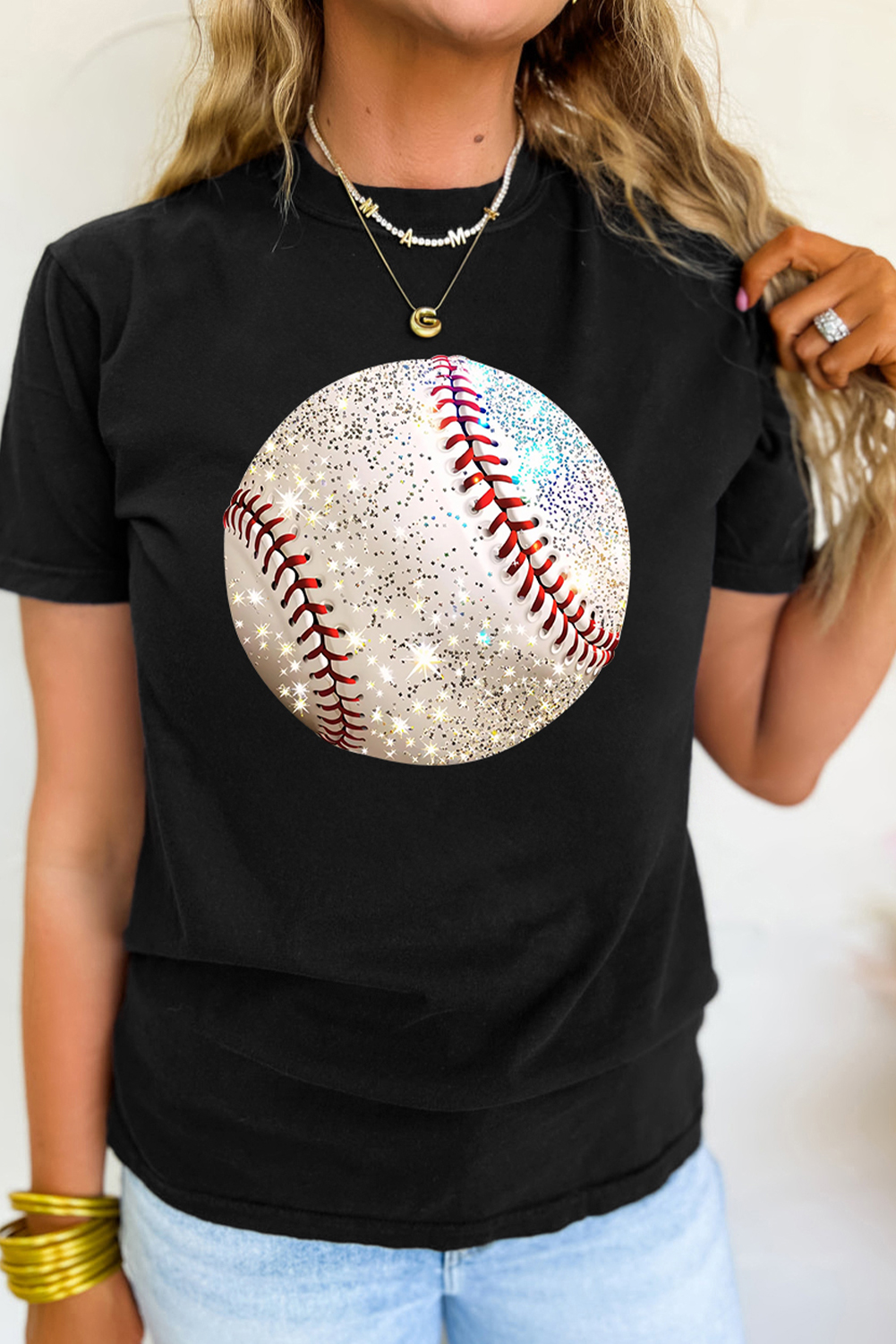 Black Heat Transfer Baseball Print Cotton Blend T Shirt - loveforevers