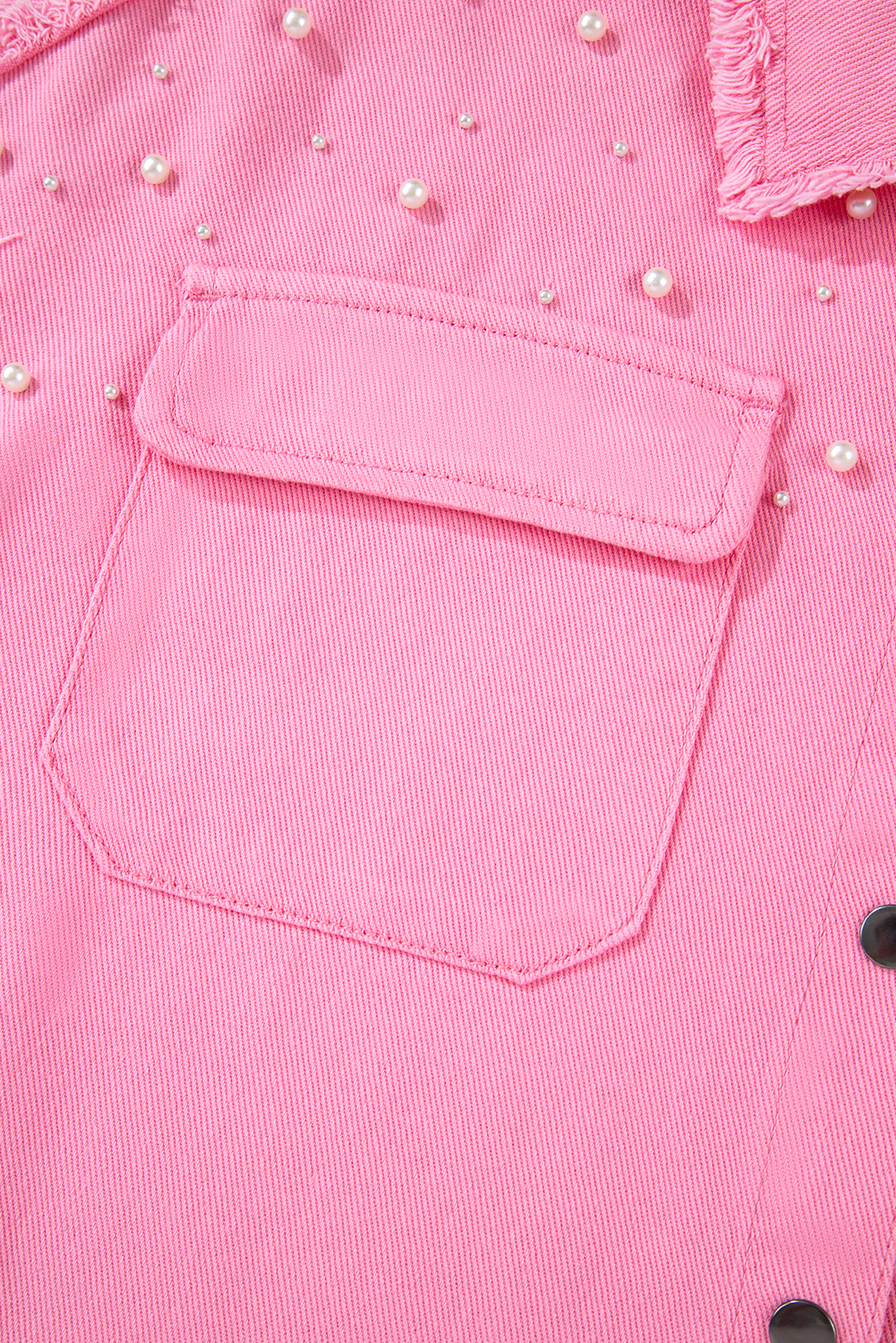 Bonbon Pearl Beaded Raw Hem Button Up Denim Jacket - loveforevers