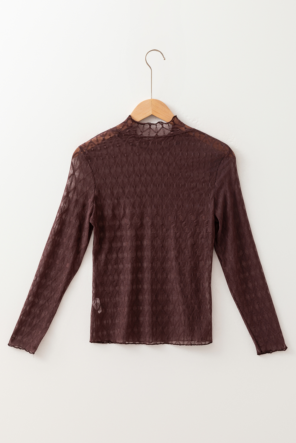 Coffee Sheer Mesh Patterned Lettuce Trim Slim Long Sleeve Top - loveforevers