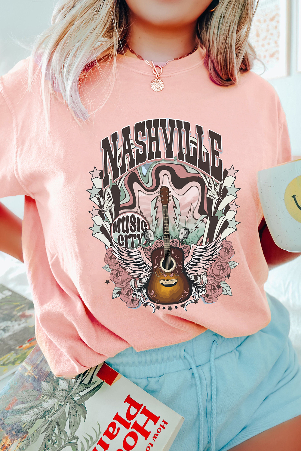 Pink NASHVILLE MUSIC CITY Guitar Graphic T Shirt - loveforevers