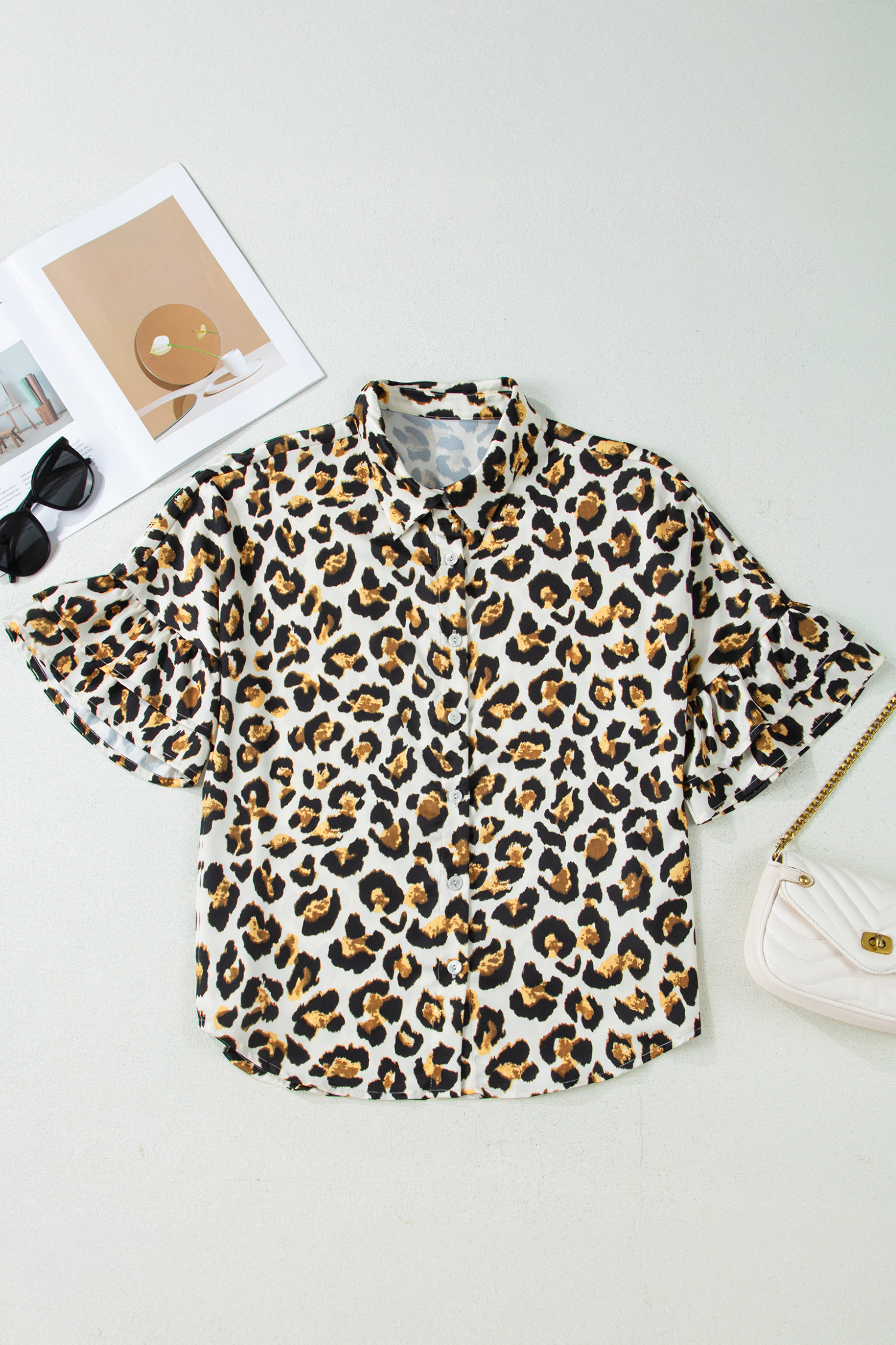 Khaki Leopard Print Ruffle Trim 3/4 Sleeve Loose Shirt - loveforevers