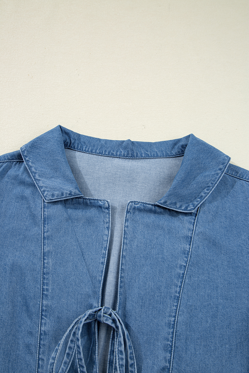 Dusk Blue Denim Lapel Neck Balloon Sleeve Tied Peplum Top - loveforevers