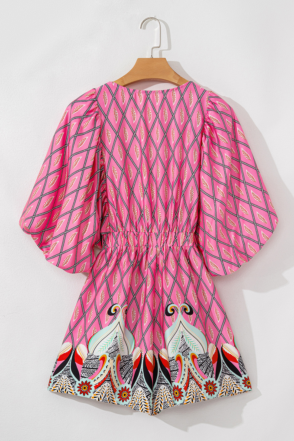 Pink Paisley Geometric Print V Neck High Waist Romper - loveforevers