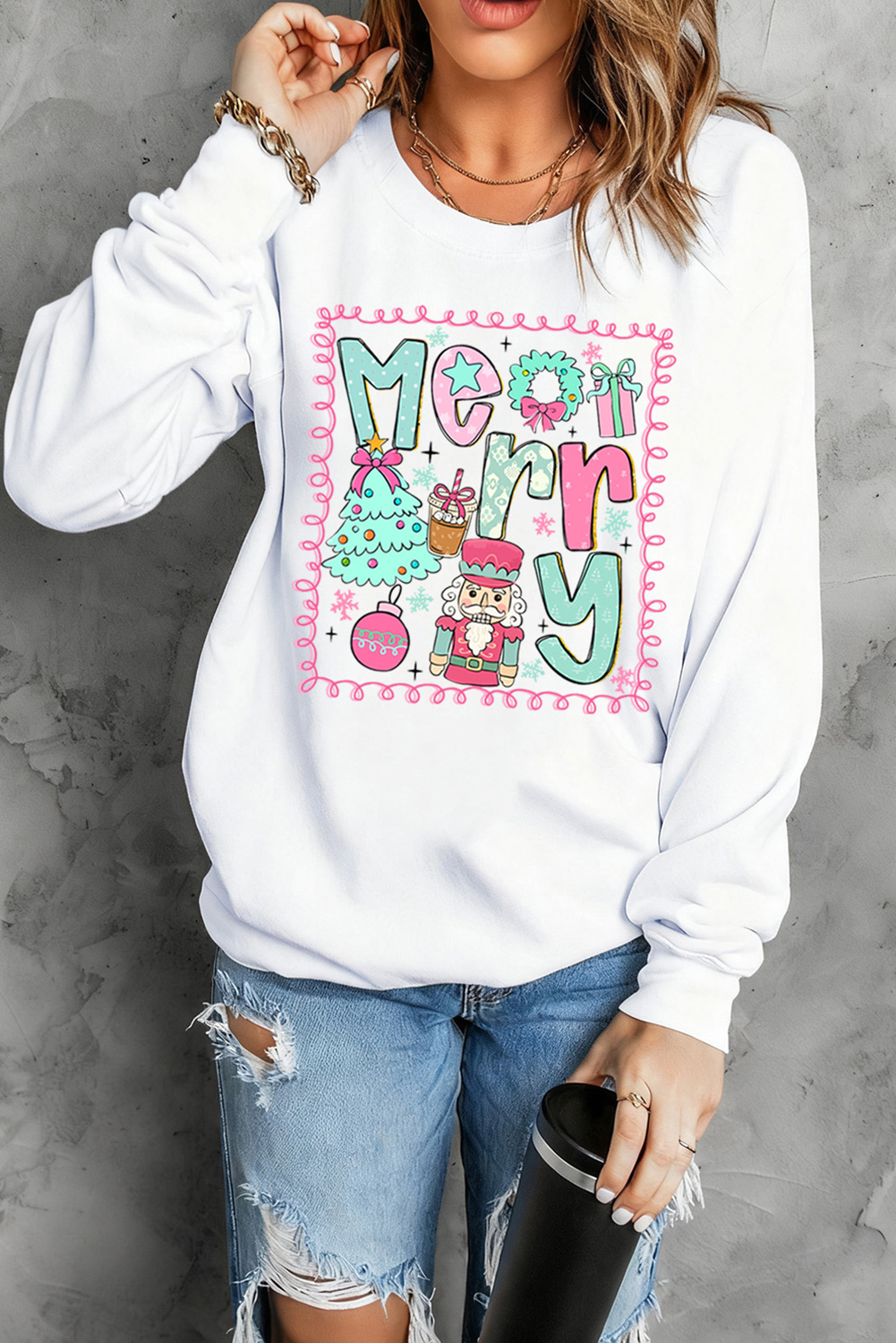 White Merry Christmas Fashion Print Cotton Blend Sweatshirt - loveforevers