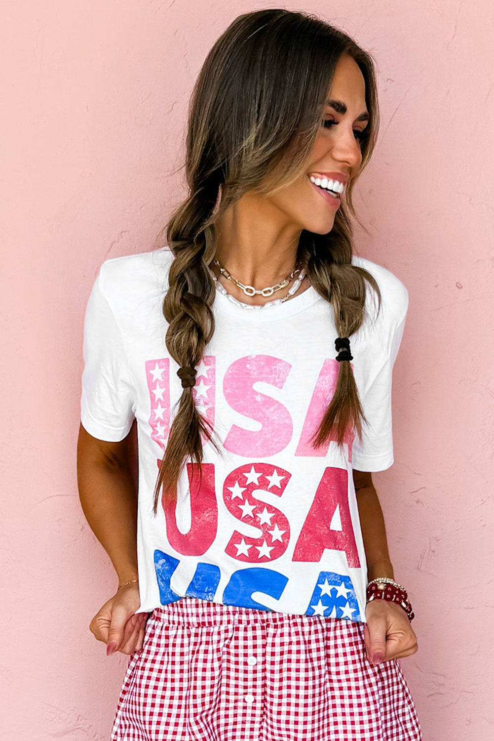 White USA Starry Letter Graphic Cotton Blend T Shirt - loveforevers