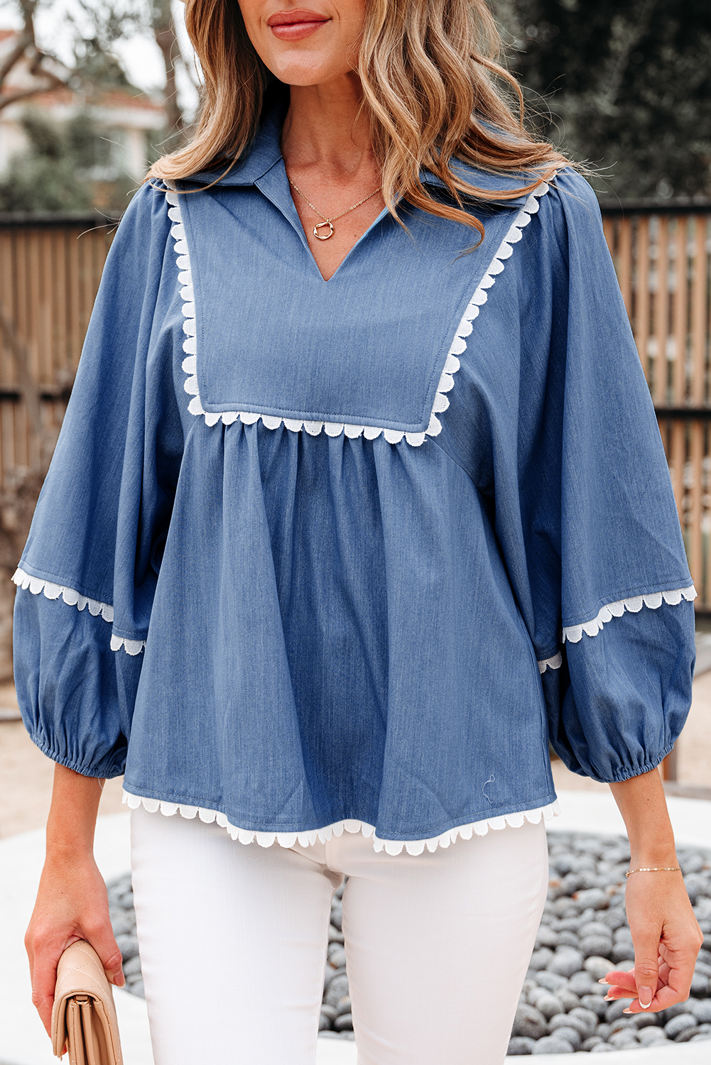 Dusk Blue Lace Ric Rac 3/4 Puff Sleeve Collared Babydoll Blouse - loveforevers