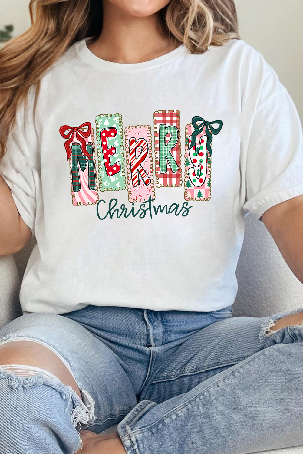 White Merry Christmas Ribbon Bow Detail Holiday Graphic Tee - loveforevers