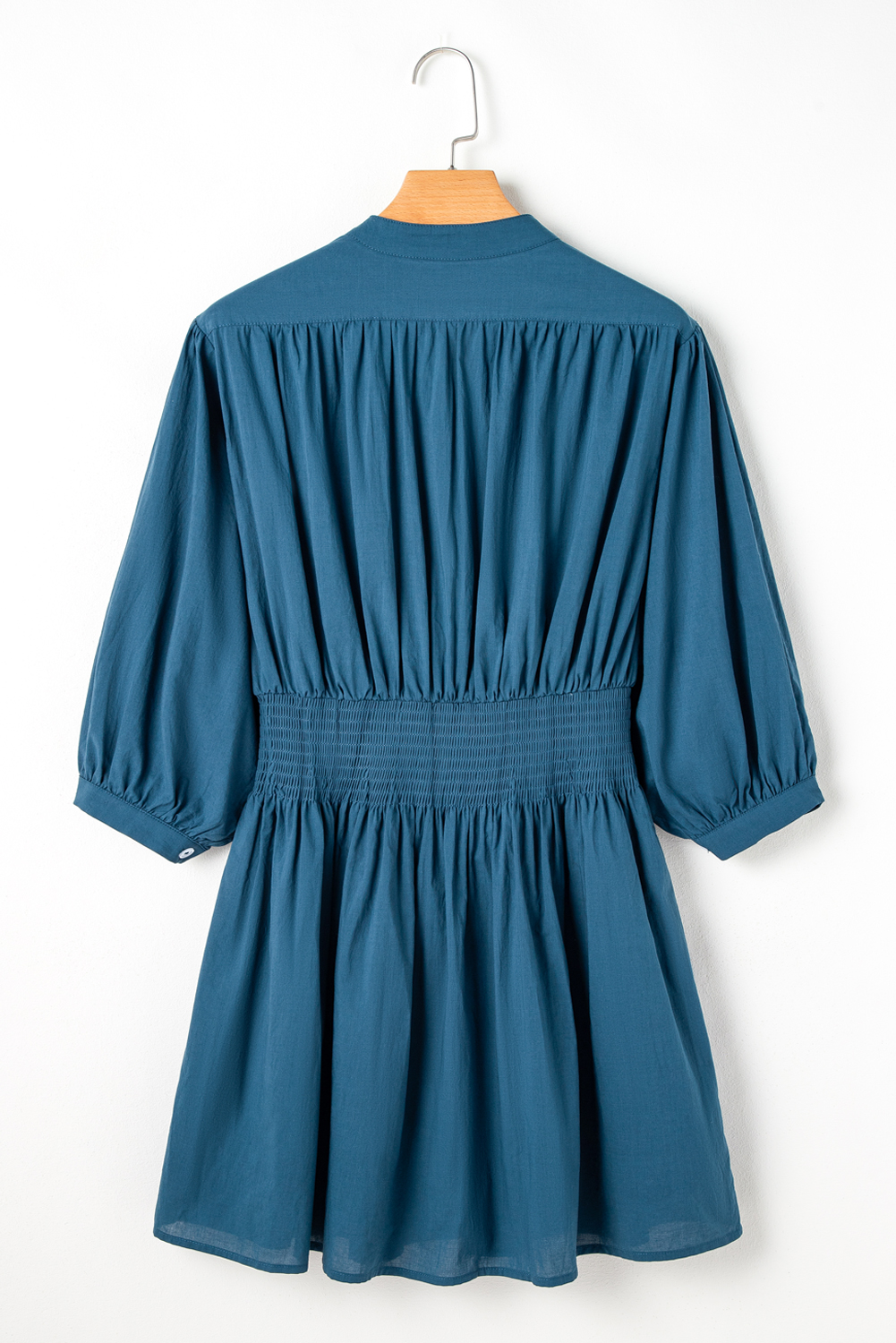 Prussian Blue 3/4 Sleeve Shirred High Waist Buttoned Mini Dress - loveforevers